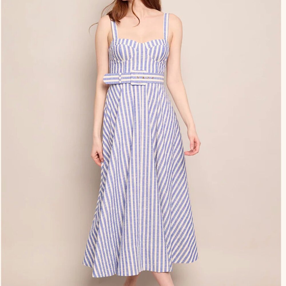 NEW Cara Cara Calypso Midi Dress Sz6 Ivory Blue Striped Seersucker Vacation - Picture 11 of 13